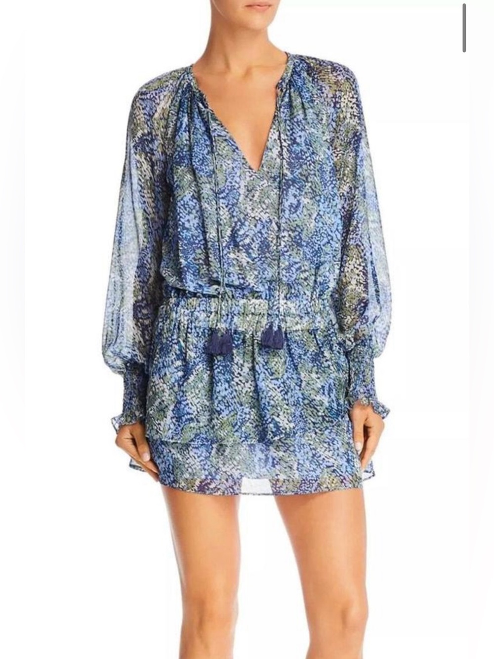 Ramy Brook Silk Chiffon Mini Dress Drop Waist Smocked Blue Floral Tassel XS⁠